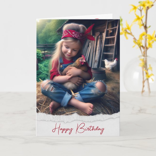 Carte Birthday Farm Girl With Chicken (Fleur jaune)