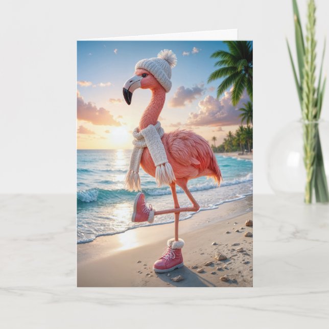 Carte Birthday Flamingo Wearing Winter Boots and Scarf (Devant)
