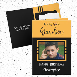 Carte Birthday Grandson ajouter photo nom orange noir