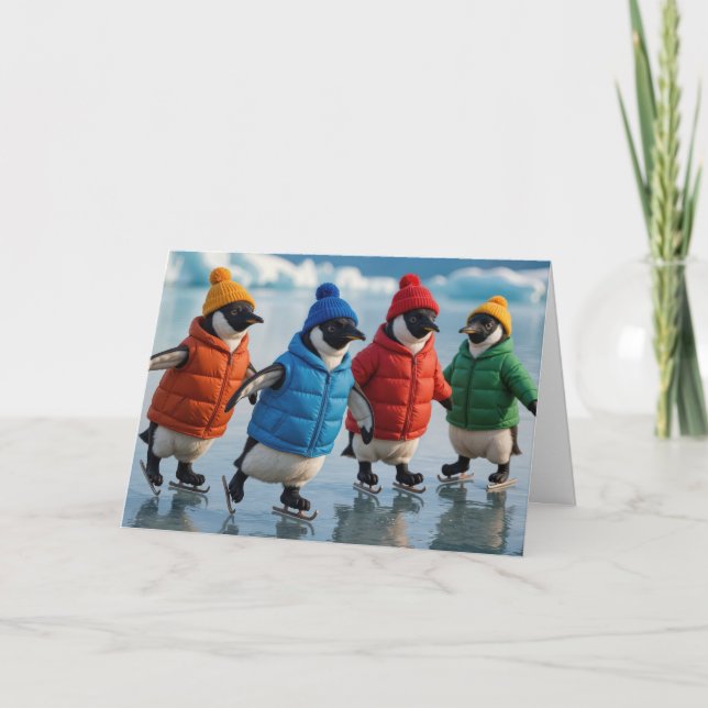 Carte Birthday Penguins Ice Skating On an Arctic Lake (Devant)