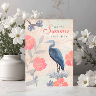 Carte Birthday Summer Leaves Flowers and Heron 