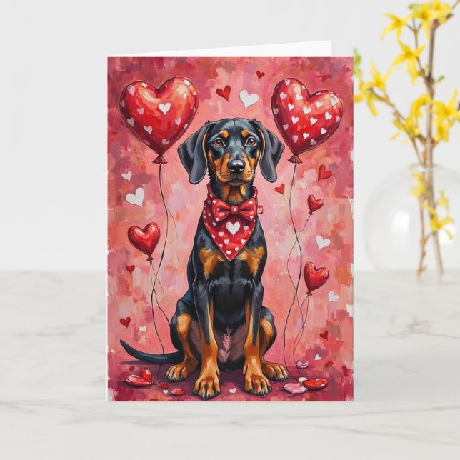 Carte Black and Tan Coonhound Valentine Dog (Fleur jaune)
