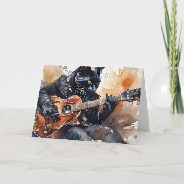 Carte Black Cat Rock Star Jouer Guitare Veste en cuir (Devant)