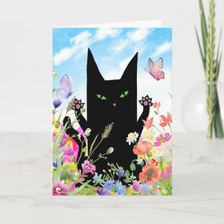 Carte Black Cat Spring Greeting Card:  Kitty and Flowers