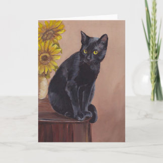 Carte Black Cat & Sunflowers Art Grey Card