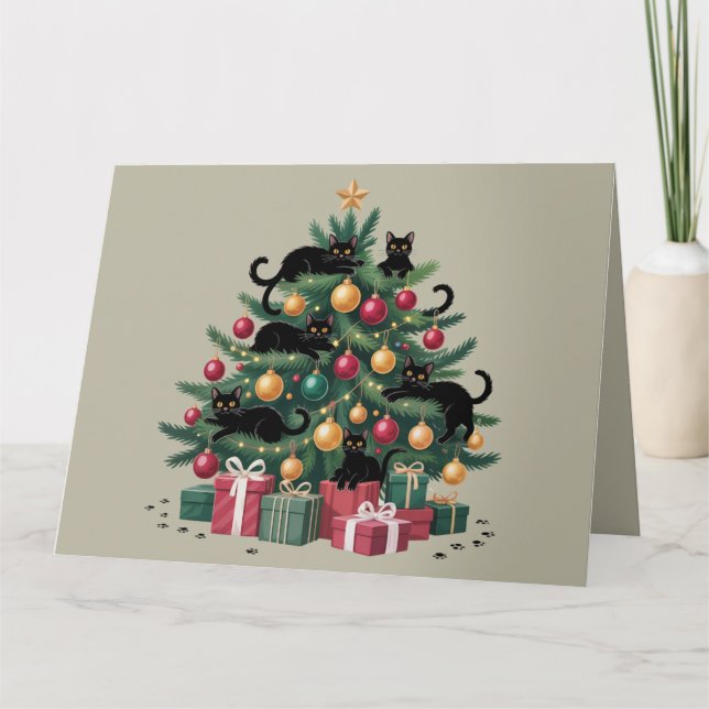 Carte Black Cats Noël Arbre Amoureux des chats Lumières  (Devant)