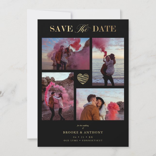 Carte Black Collage Mariage Gold Heart 4 Photos Covid19 (Devant)