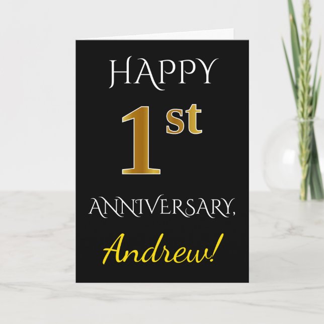 Carte Black, Faux Gold 1er anniversaire Mariage + Nom (Devant)