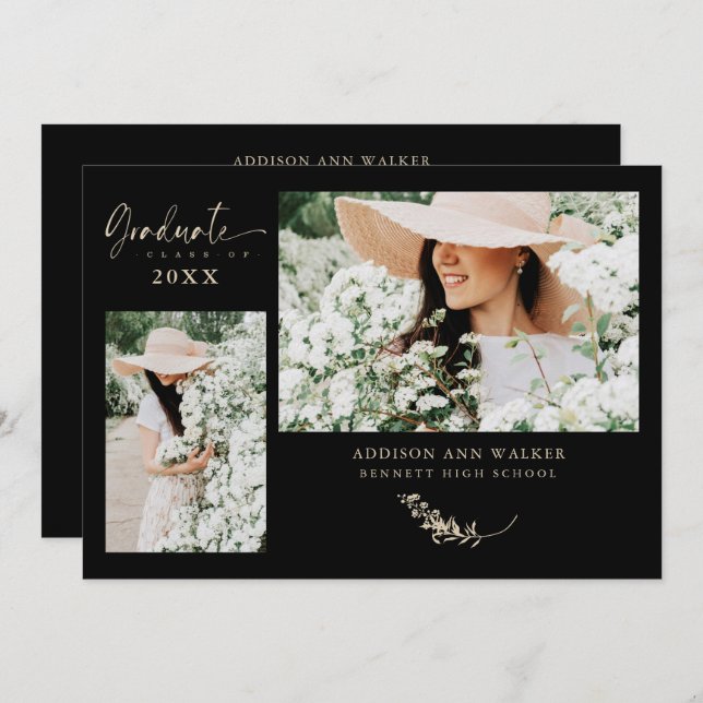 Carte Black Gold Branches tendance Graduation 2 Photos (Devant / Derrière)