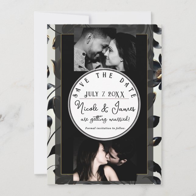 Carte Black & Gold Floral Greige Mariage Enregistrer la  (Devant)