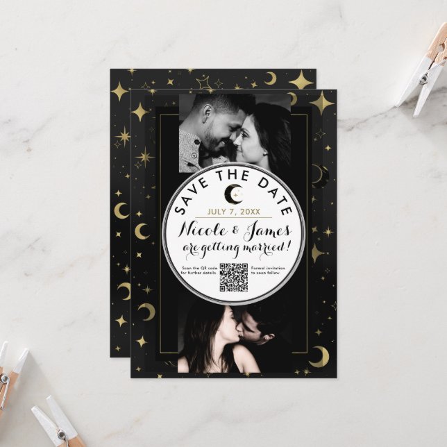 Carte Black & Gold Modern Celestial Moon Enregistrer la  (Devant/Arrière en situation)