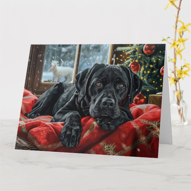 Carte Black Labrador Chien Festive de Noël (Fleur jaune)