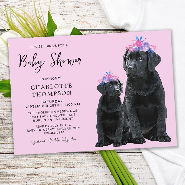 Carte Black Labrador Retriever Puppy Pink Girl Invitatio (Créateur téléchargé)