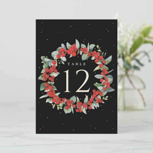 Carte Black Red Berry+Eucalyptus Christmas Numéro de tab (Debout devant)