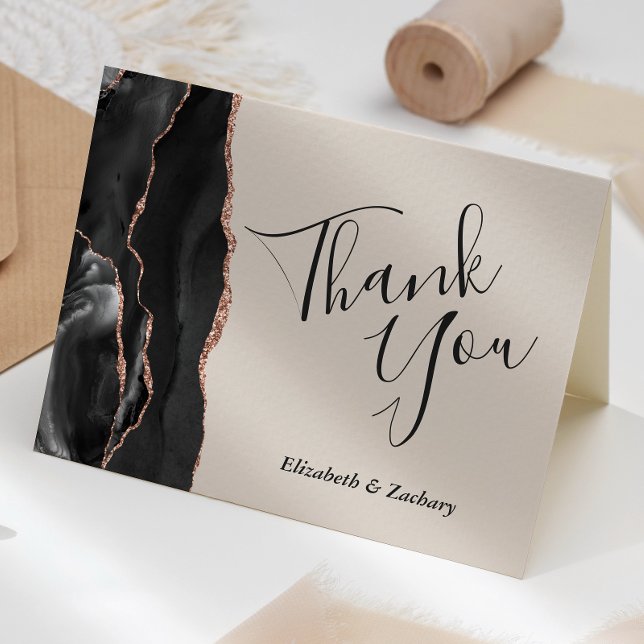 Carte Black Rose Gold Agate Mariage beige Merci (Créateur téléchargé)