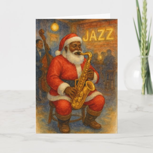 Carte Black Santa Jazz Saxophone Christmas Card (Devant)
