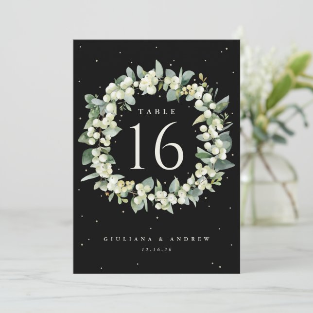 Carte Black Snowberry + Eucalyptus Mariage Numéro de tab (Debout devant)