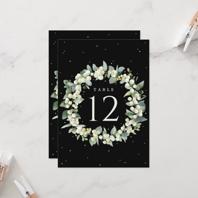 Carte Black Snowberry + Eucalyptus Mariage Numéro de tab (Devant/Arrière en situation)