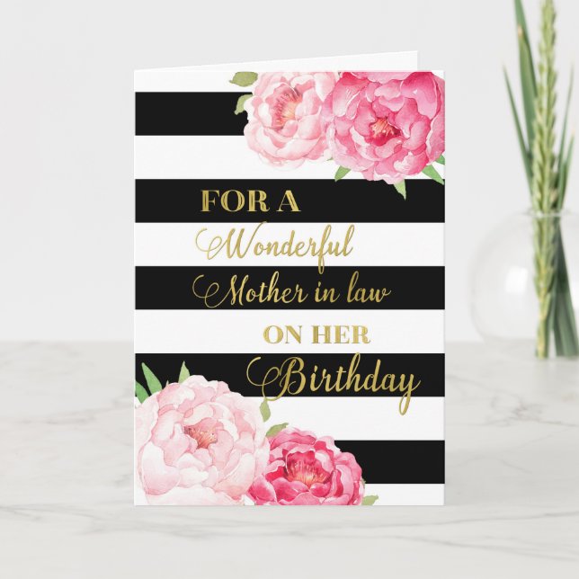 Carte Black Stripes Fleurs roses Mère en droit Anniversa (Devant)
