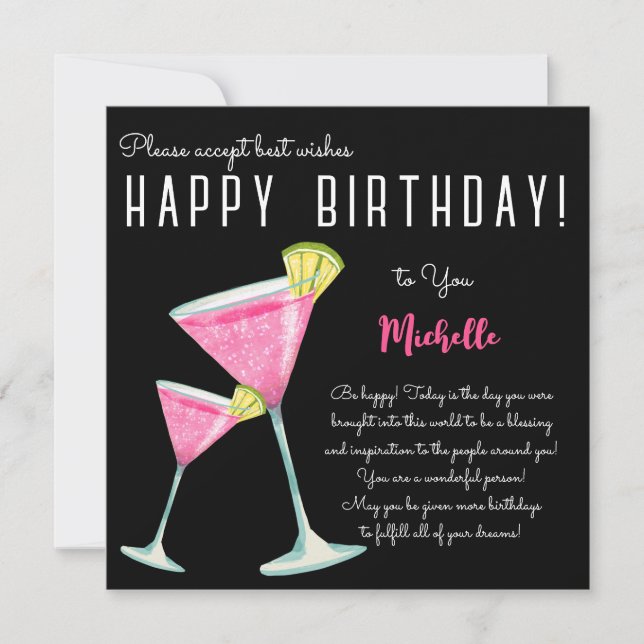 Carte Black Watercolor Cocktail heureux anniversaire (Devant)