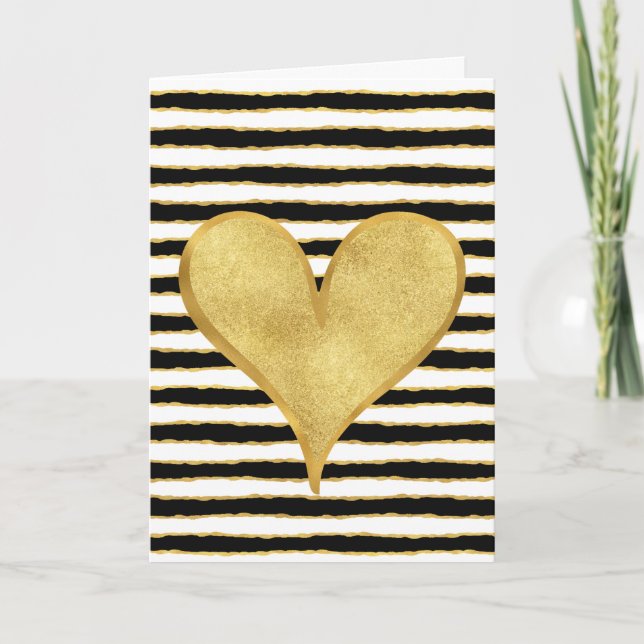 Carte Black White Gold Stripes Coeur Je t'aime (Devant)