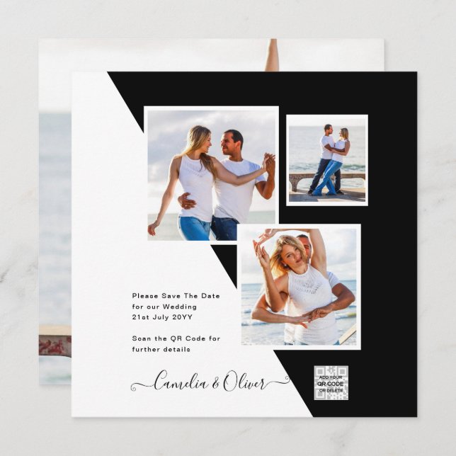 Carte Black White Photo Wedding Inviter QR Code Enregist (Devant / Derrière)