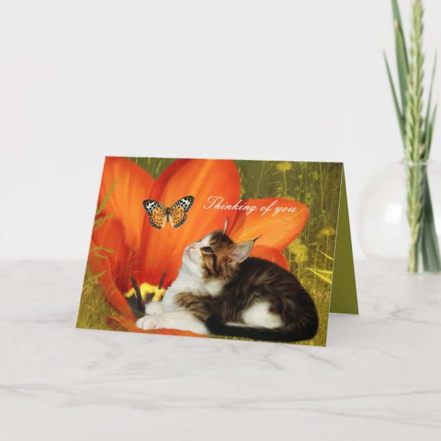 Carte Blanc Chat Kitten Fleurs "Penser à vous" (Devant)