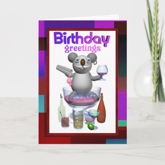 Carte Blanc de barman d'anniversaire de koala de bande (Devant)