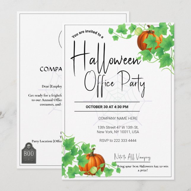 Carte blanche Invitations Halloween Office (Devant / Derrière)