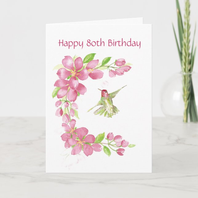 Carte Blank 80th Birthday Cherry Blossom & Hummingbird (Devant)