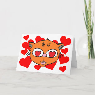 Carte "Blank Inside Puckered lips kitten with hearts