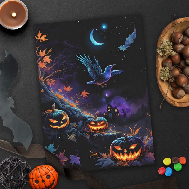 Carte Blessé Samhain Crow et la nuit d'Halloween Citroui (Blessed Samhain Crow & Pumpkins Halloween Night Greeting Card)