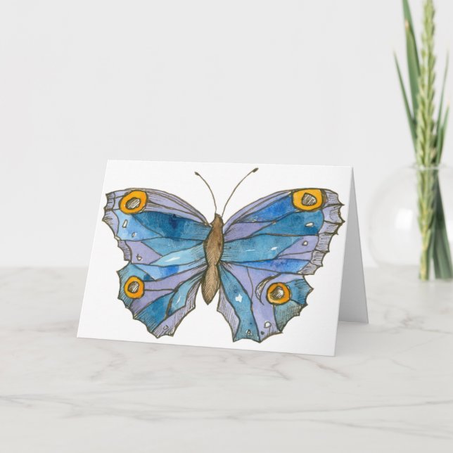 Carte Bleu Aquarelle papillon Joyeux anniversaire (Devant)