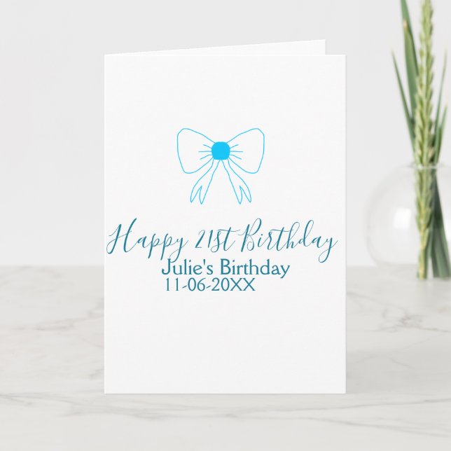 Carte Bleu arc heureux 21e anniversaire nom date petite  (Devant)