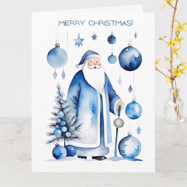 Carte Bleu, Argent et Blanc Japandi Père Noël (Fleur jaune)