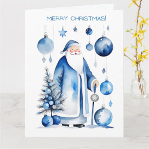 Carte Bleu, Argent et Blanc Japandi Père Noël