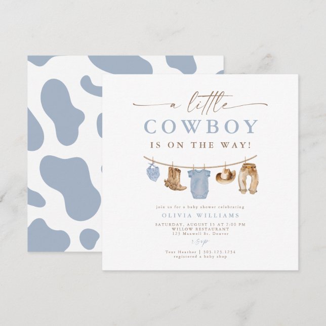 Carte Bleu Baby Clothesline Petit Baby shower Cowboy (Devant / Derrière)