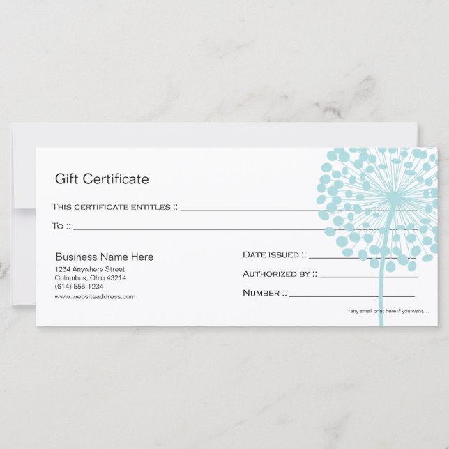 Carte Bleu Dandelion Fleur Certificat Cadeau Design 4 (Devant)