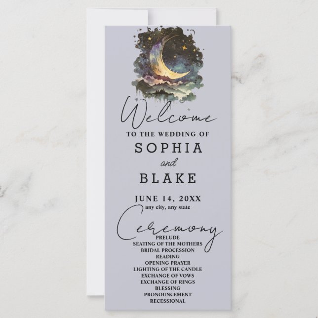 Carte Bleu et or Croissant Lune étoiles Nuages Mariage (Devant)