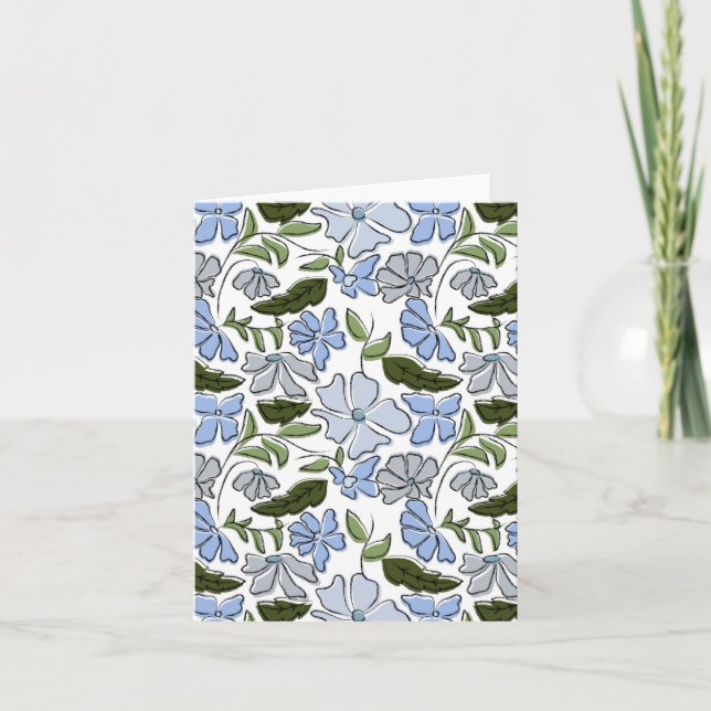 Carte Bleu et vert main tiré bloc floral Imprimer (Devant)
