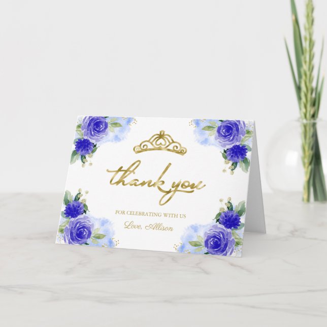 Carte Bleu Floral Tiara Quinceanera Merci (Devant)