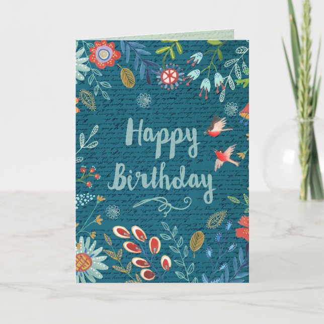 Carte Bleu joyeux Joyeux Anniversaire Fleurs de Pays (Devant)
