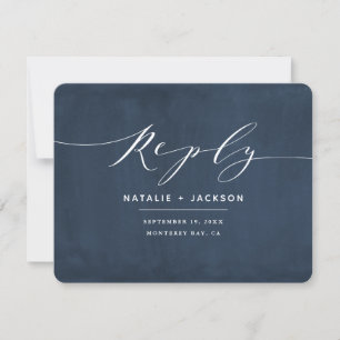 Carte bleu marine + blanc élégante réponse de mariage