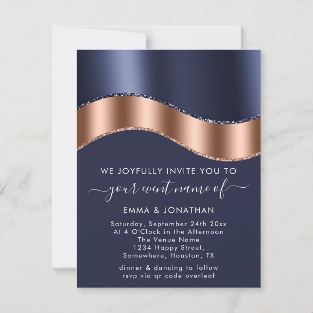 Carte Bleu Marine Rose Gold Bordure Vague QR Code Mariag (Devant)