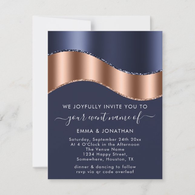 Carte Bleu Marine Rose Gold Bordure Vague QR Code Minima (Devant)