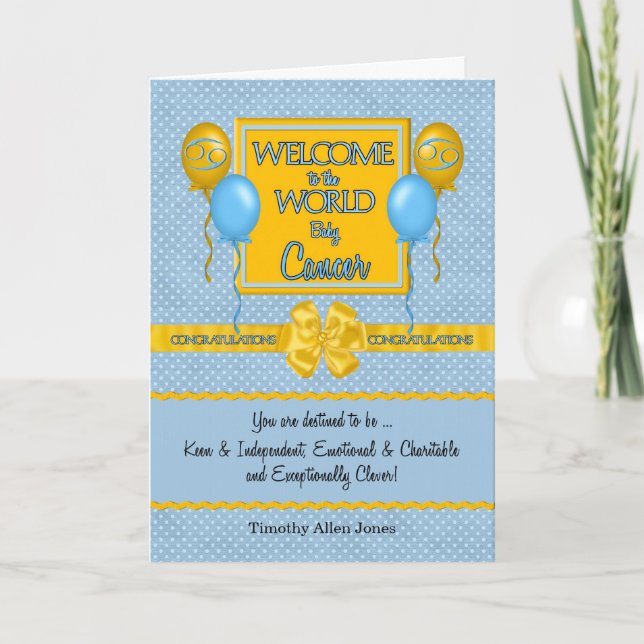 Carte Bleu Nouveau bébé garçon Cancer Zodiac Félicitatio (Devant)