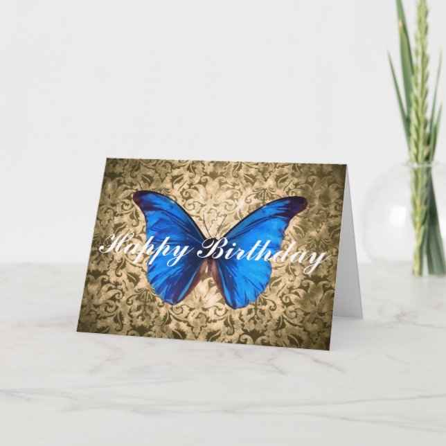 Carte Bleu papillon damask Joyeux anniversaire art Vinta (Devant)