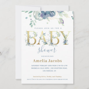 Carte Bleu Poussiéreux Or Fleur Bébé Aquarelle