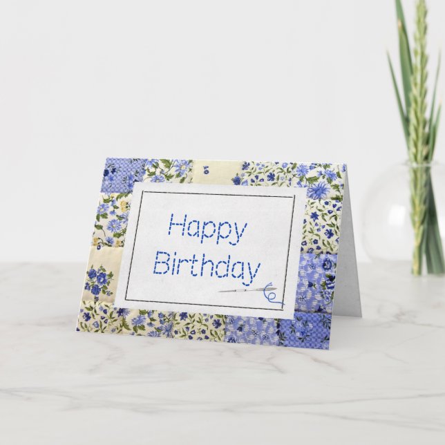 Carte Bleu Quilt d'anniversaire avec Aiguille (Devant)
