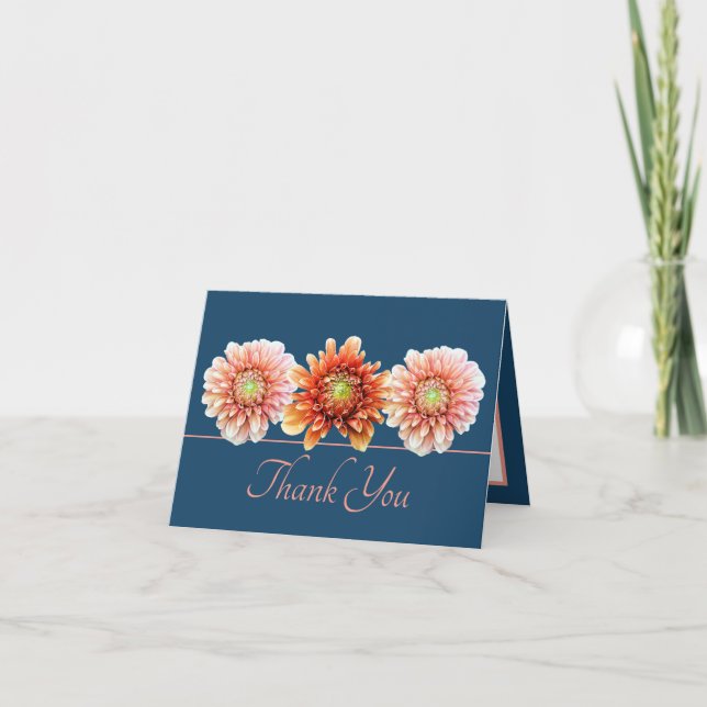 Carte Bleu rose Orange Dahlias Bouquet Floral Merci (Devant)